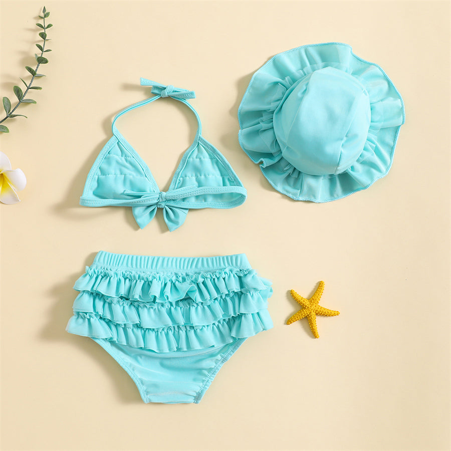 Maillot de Bain Bébé Fille 3 Pièces - Bikini Nœud Halter Volants Chapeau Été