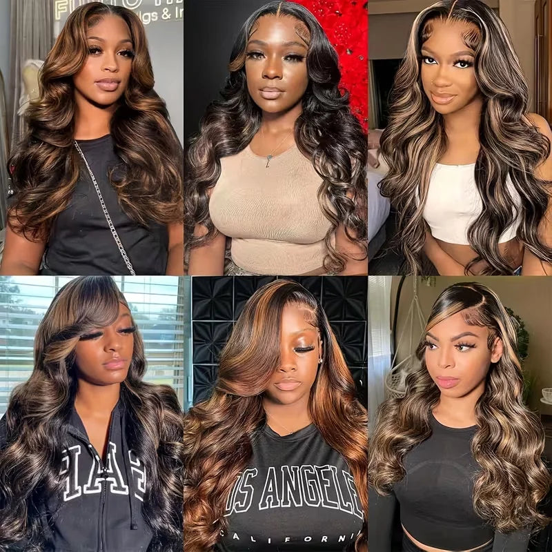 Perruque V Part Body Wave 1B/30 Highlight - Cheveux Humains 220% Densité - Clip Sans Couture