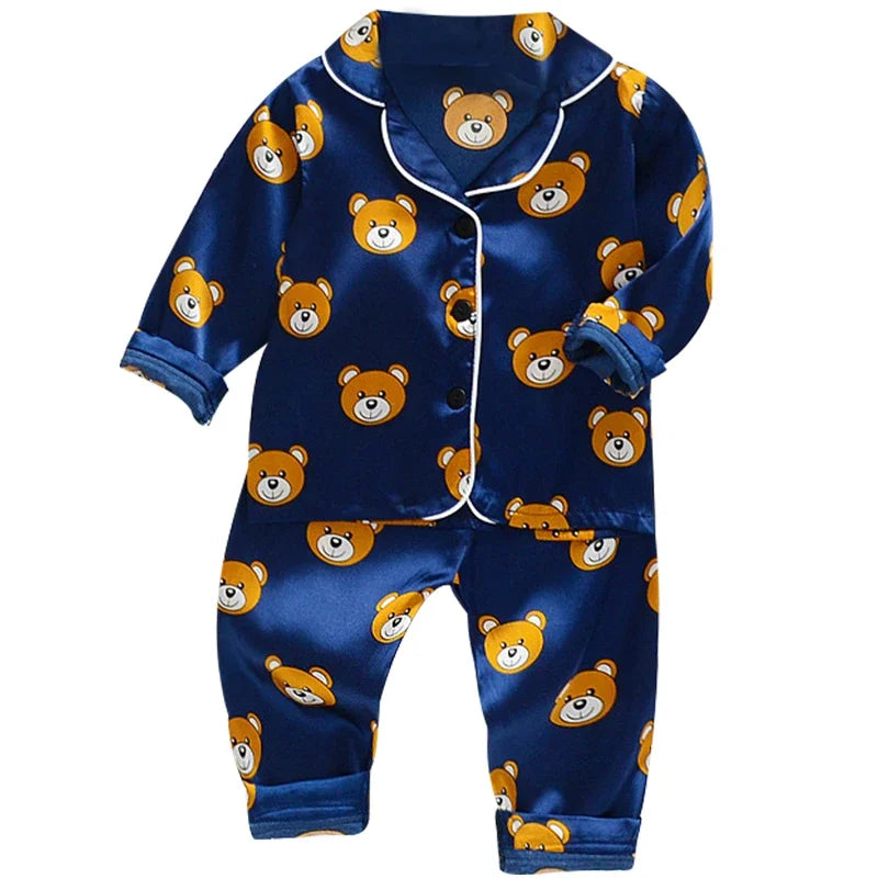 Kids Cartoon Bear Pajama Set - Ice Silk Satin Summer Sleepwear