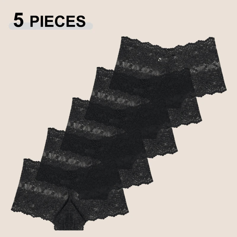 Lot de 5 Culottes Femme Dentelle Taille Haute - Shorty Sexy Transparent Motif Étoile