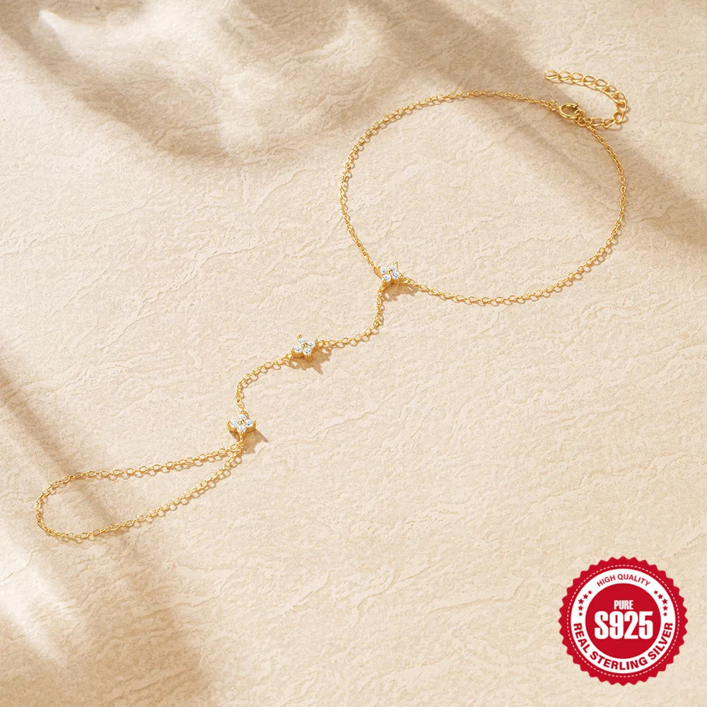 Bracelet Bague Argent 925 Cœur Pétale Zircon - Chaîne Main Femme Minimaliste Scintillant