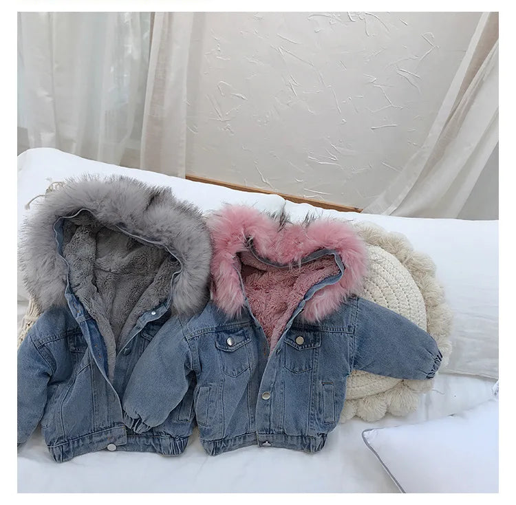 Veste en jean fille hiver - Denim avec capuche fourrée