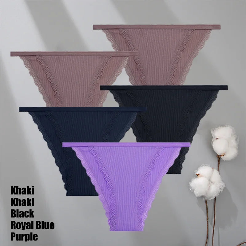 Lot 5 Culottes Dentelle Coton Femme - Slips Couleur Unie Sexy Confortables | Lingerie Respirante