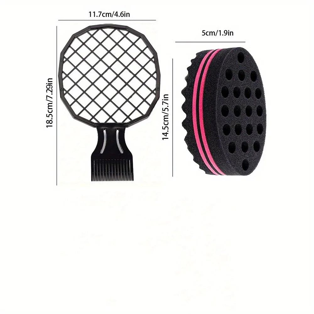 Set 3pcs Accessoires Cheveux Bouclés - Brosse Mousse Sculptante Peigne Démêlant Aiguilles Acier Bonnet Nuit Satin