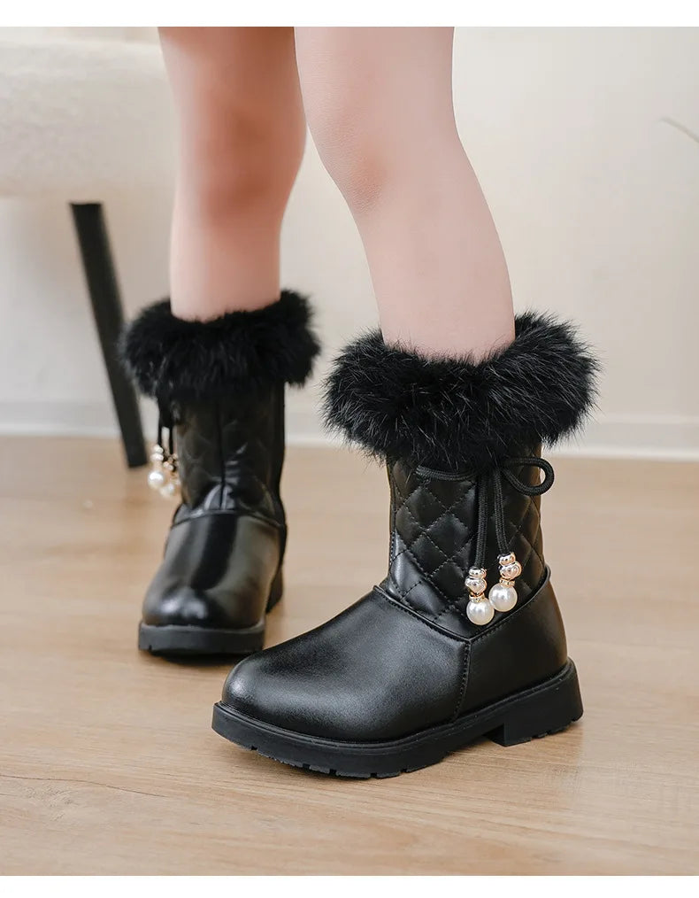 Bottes Neige Filles 2025 avec Nœud - Bottines Hiver Fourrées Imperméables Mi-Mollet