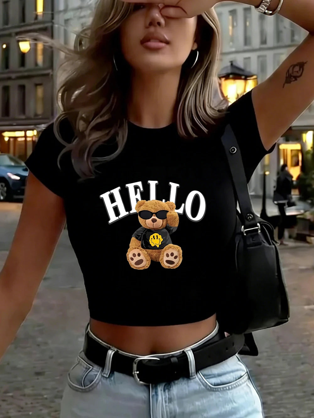 Top Crop Femme Cute Bear Says Hello - T-Shirt Doux Slim Col Rond Été