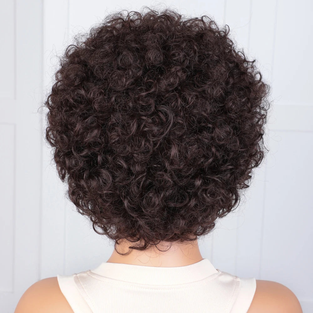 Perruque Courte Pixie Afro Bouclée avec Frange - Cheveux Naturels Brésiliens Remy
