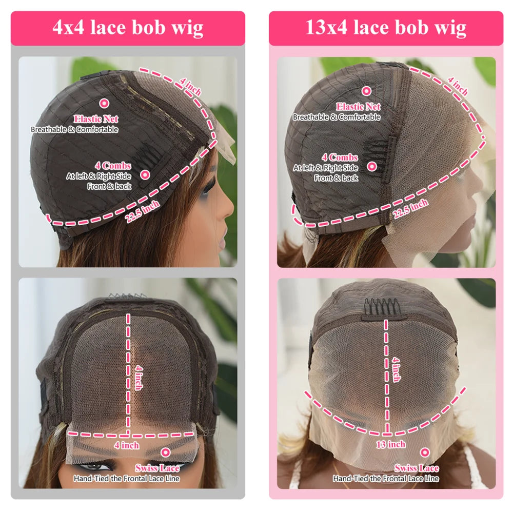 Perruque Bob Highlight Lace Front 13x4 Cheveux Humains - Péruvienne Lisse Courte Closure 4x4 1B/30