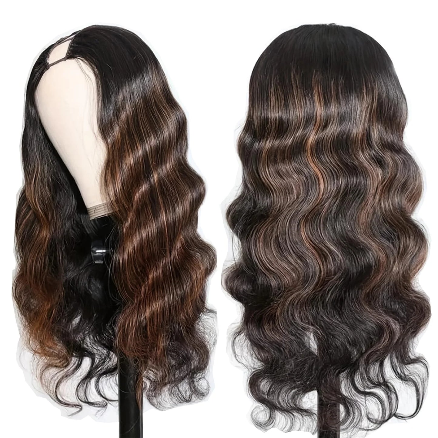 Perruque V Part Body Wave 1B/30 Highlight - Cheveux Humains 220% Densité - Clip Sans Couture