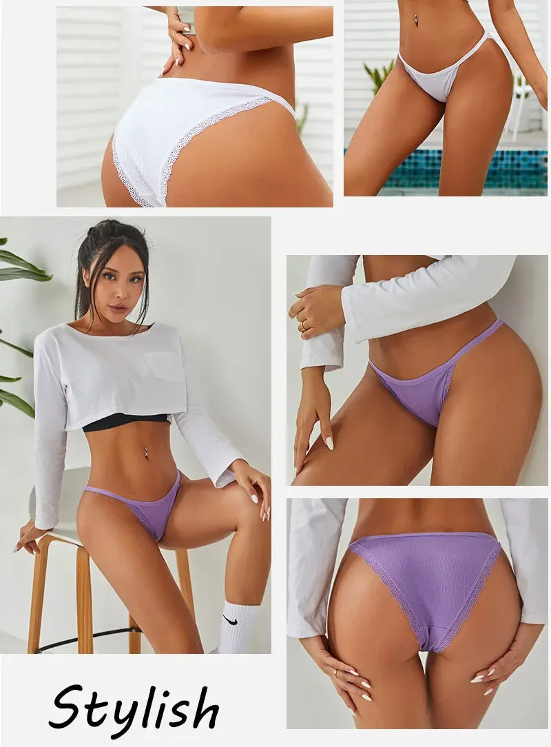 Lot 5 Culottes Dentelle Coton Femme - Slips Couleur Unie Sexy Confortables | Lingerie Respirante