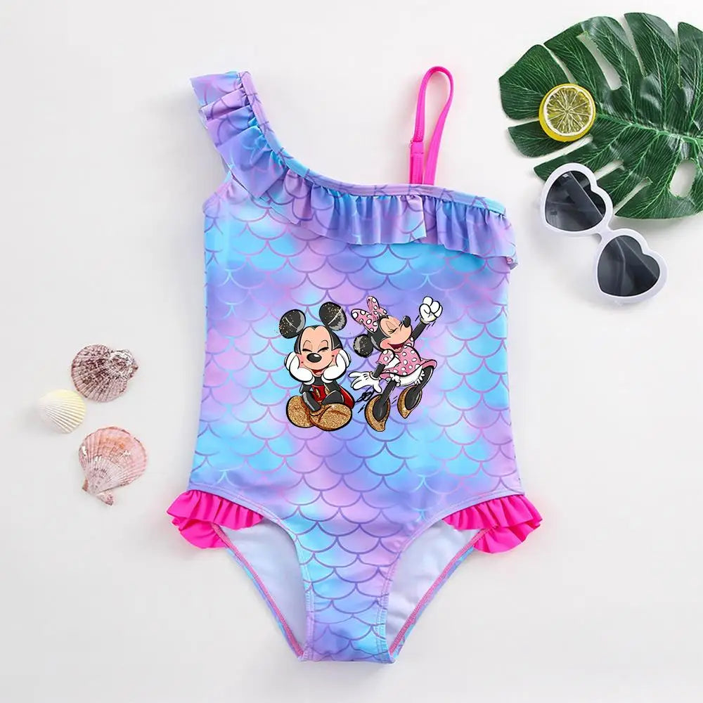 Maillot de Bain Bébé Fille Mickey Minnie Sirène - Une Pièce Écailles Poisson Plage