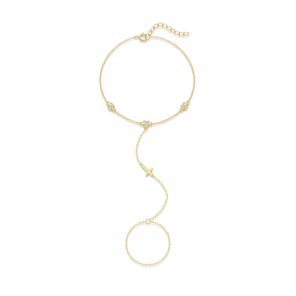 Bracelet Bague Argent 925 Cœur Pétale Zircon - Chaîne Main Femme Minimaliste Scintillant