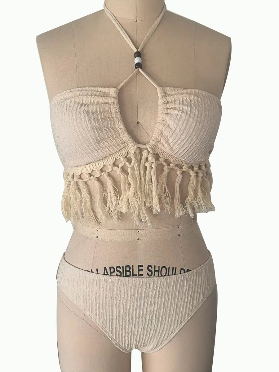 Bikini Femme 2 Pièces Pompons - Haut Halter & Jupe Fendue Sexy Beachwear