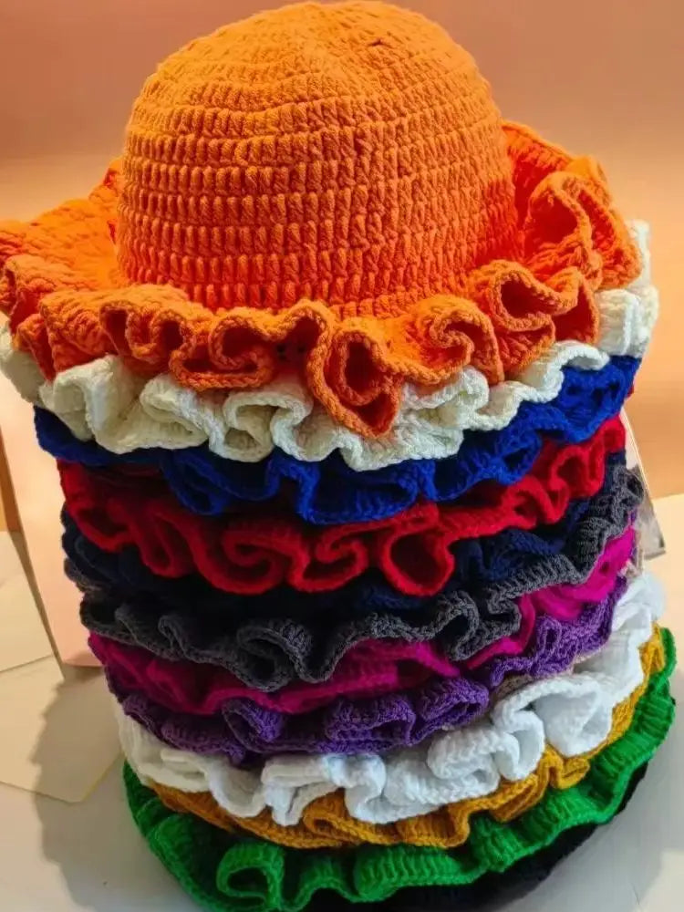 Chapeau Bob Crochet Tricoté Main Femme - Bonnet Pêcheur Bordure à Volants Couleur Unie pour Automne Hiver