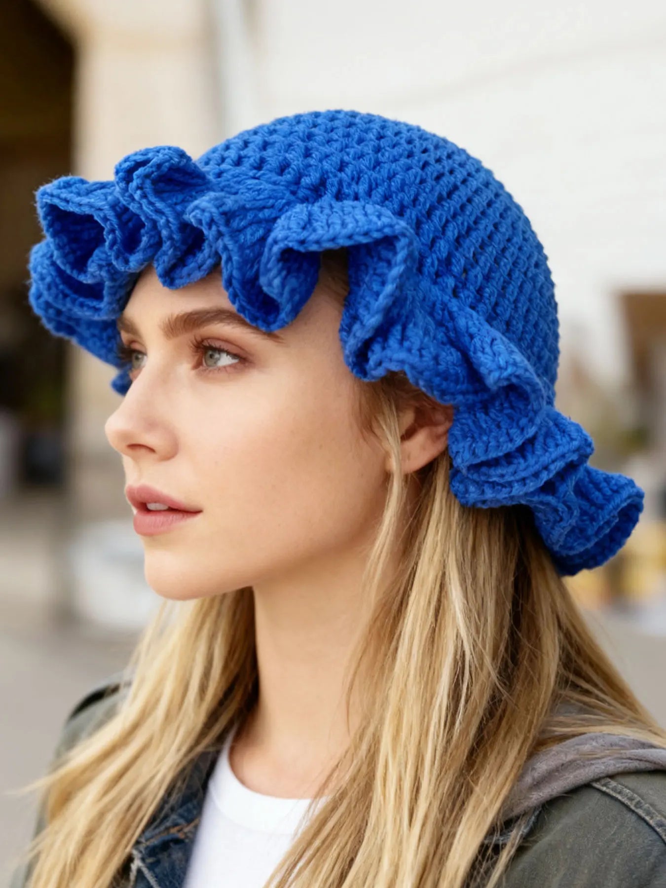 Chapeau Bob Tricoté Moelleux Femme - Bonnet Crochet Ajouré avec Volants Style Pêcheur pour Automne Hiver