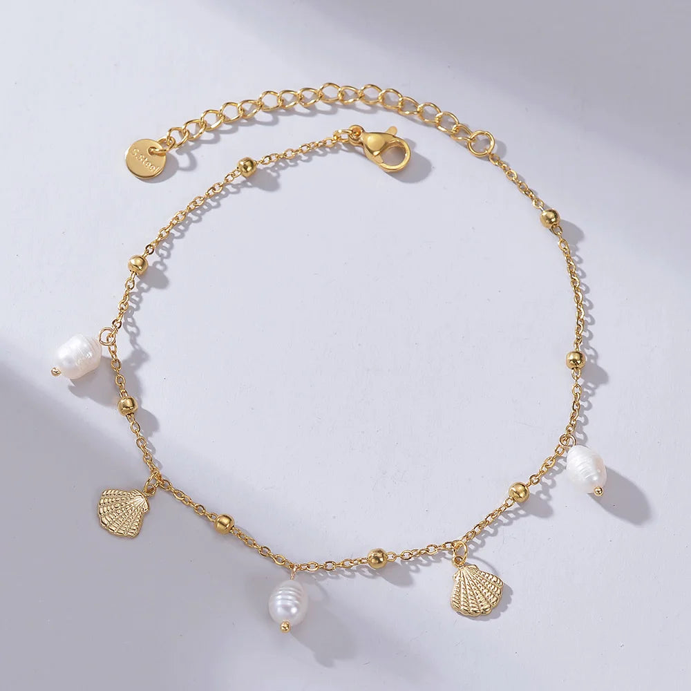 Chaîne Cheville Perle Imitation Or Plaqué - Acier Inoxydable Élégante Fashion Coquillage Plage Cadeau Femme