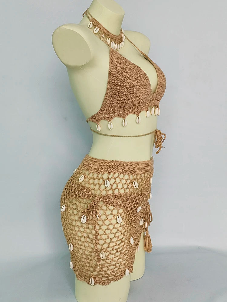 Ensemble Bikini 4 Pièces Crochet avec Coquillages - Top à Franges, Sexy,Taille Haute et Jupe