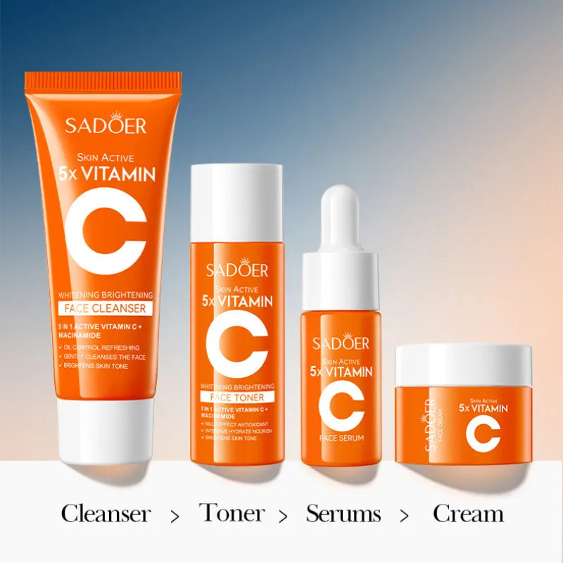 Kit Soin Visage Vitamine C 4 Pièces - Nettoyant Tonique Sérum Crème Éclaircissant Hydratant Voyage