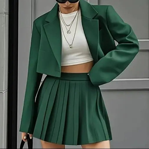 Ensemble Femme 2 Pièces Blazer Chic - Veste Courte Crop & Jupe Mini Plissée Streetwear