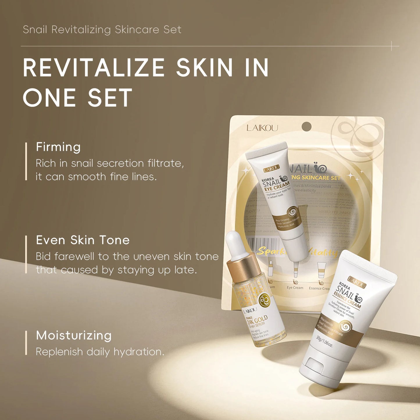 Set Luxe Sérum Or 24K Bave d'Escargot - Crème Yeux Essence Réparation Hydratant Anti-Rides Pores Lissant Soin Visage