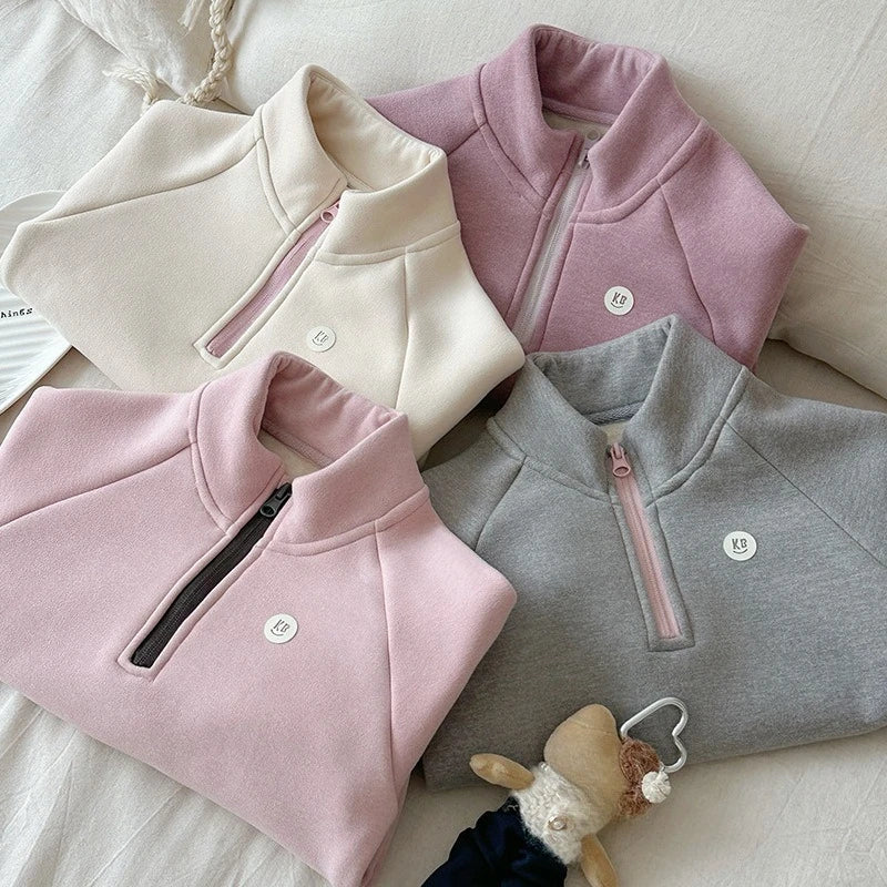 Sweat à Capuche Fille Automne Hiver - Col Montant Zippé Couleur Unie