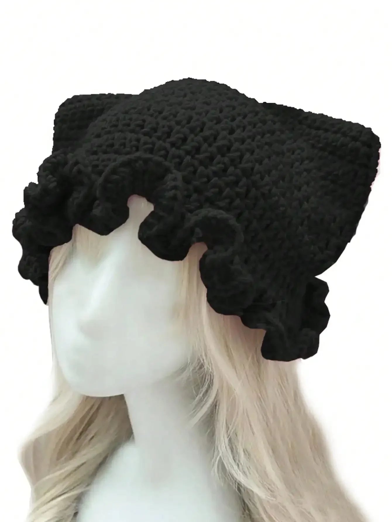 Bonnet Tricoté Main Y2K Oreilles de Chat - Chapeau Chaud avec Nœud et Bords Plissés pour Automne Hiver