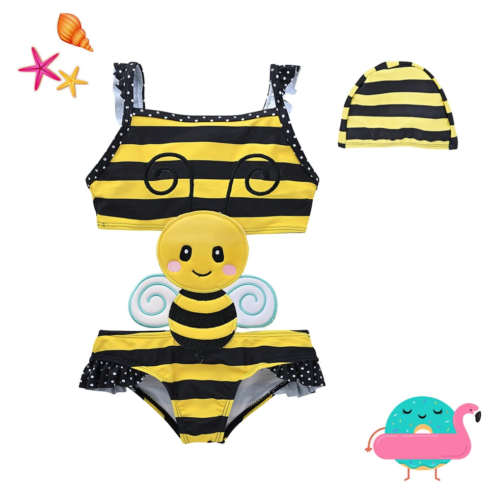 Maillot de Bain Bébé Fille Une Pièce Abeille + Bonnet - Ensemble 2 Pièces