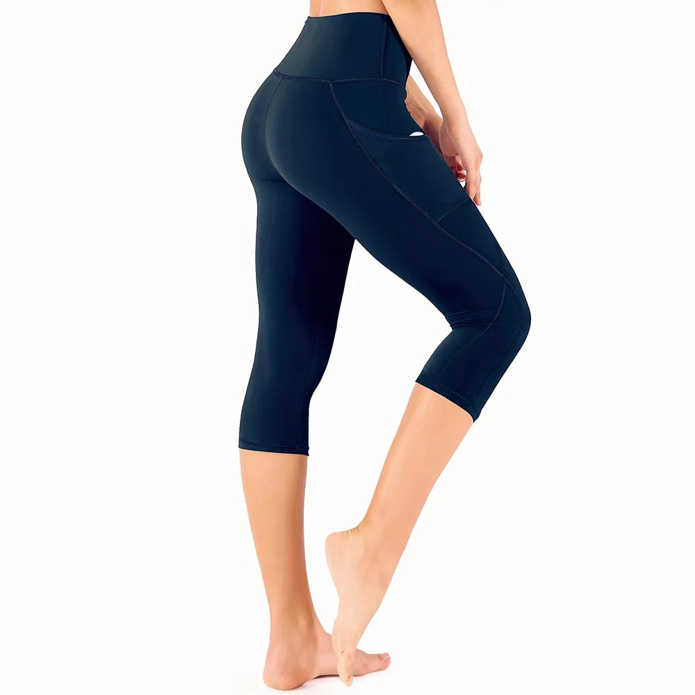Legging Capri Femme Taille Haute avec Poches