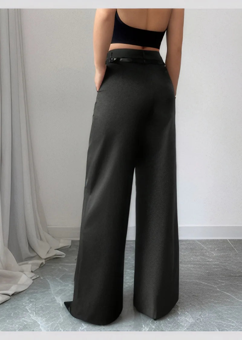 Pantalon Taille Haute Large Femme - Jambes Larges Ceinture Poches Bureau Été