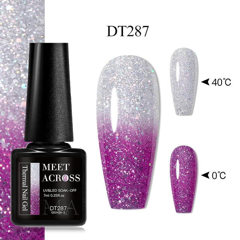 Vernis Gel Base Caoutchouc MEET ACROSS 7ml - Thermochrome Paillettes Gradient UV Manucure Longue Tenue