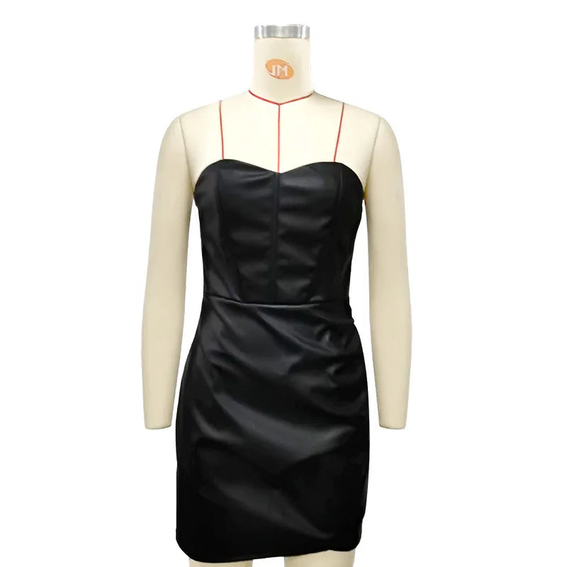 Robe Cuir PU Noire Femme - Robe Mini Moulante Latex Bustier Y2K Club