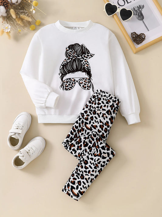 Ensemble Fille Automne Fashion - T-Shirt Cartoon Col Rond & Pantalon Léopard Slim 2 Pièces