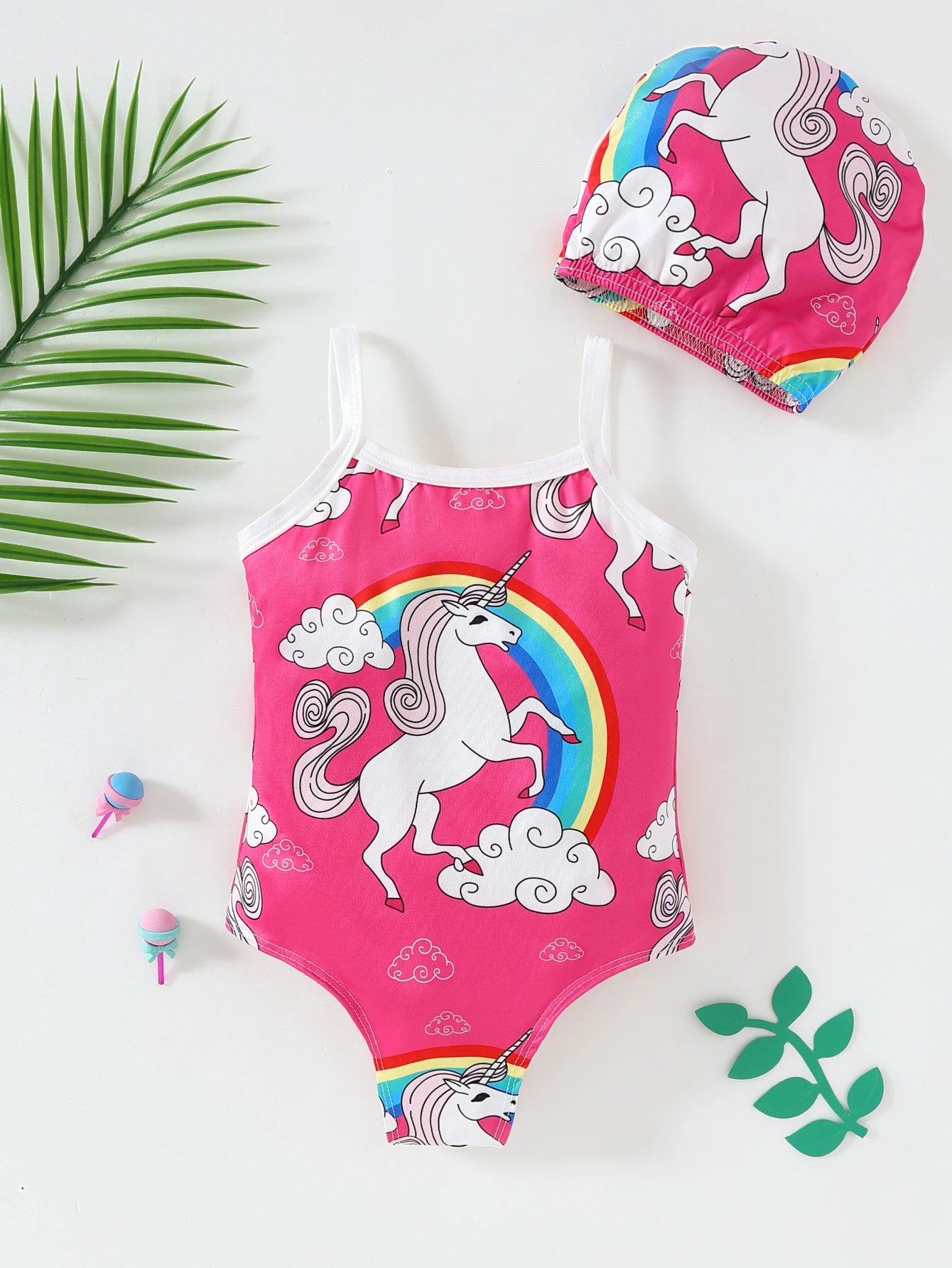 Maillot de Bain Bébé Licorne Arc-en-Ciel 2 Pièces - Bikini Bretelles Rose Nuages Chapeau Été