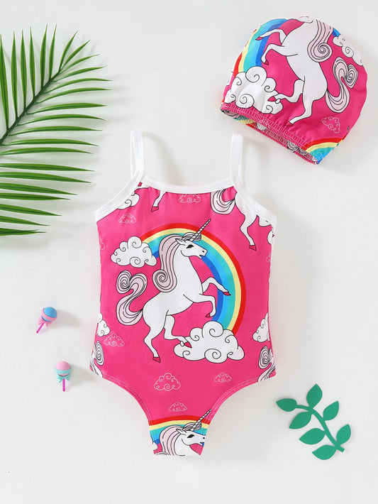 Maillot de Bain Bébé Licorne Arc-en-Ciel 2 Pièces - Bikini Bretelles Rose Nuages Chapeau Été