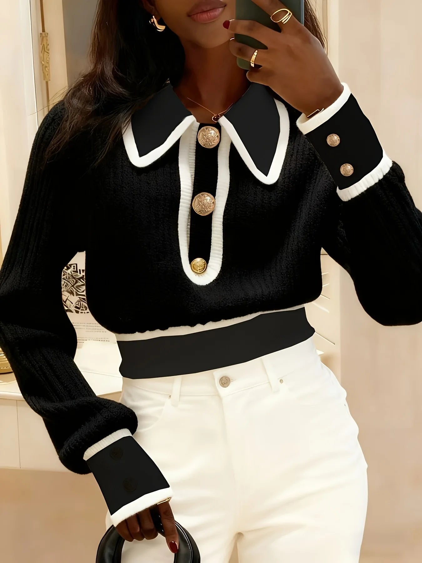 Pull Femme Col Polo Rayé - Sweater Tricoté Manches Longues Élégant Bureau Chaud 2025