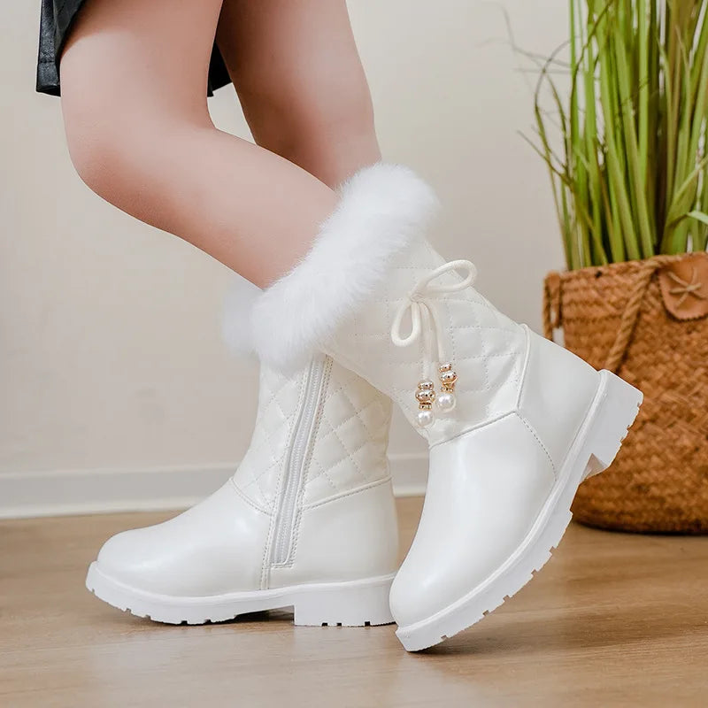 Bottes Neige Filles 2025 avec Nœud - Bottines Hiver Fourrées Imperméables Mi-Mollet
