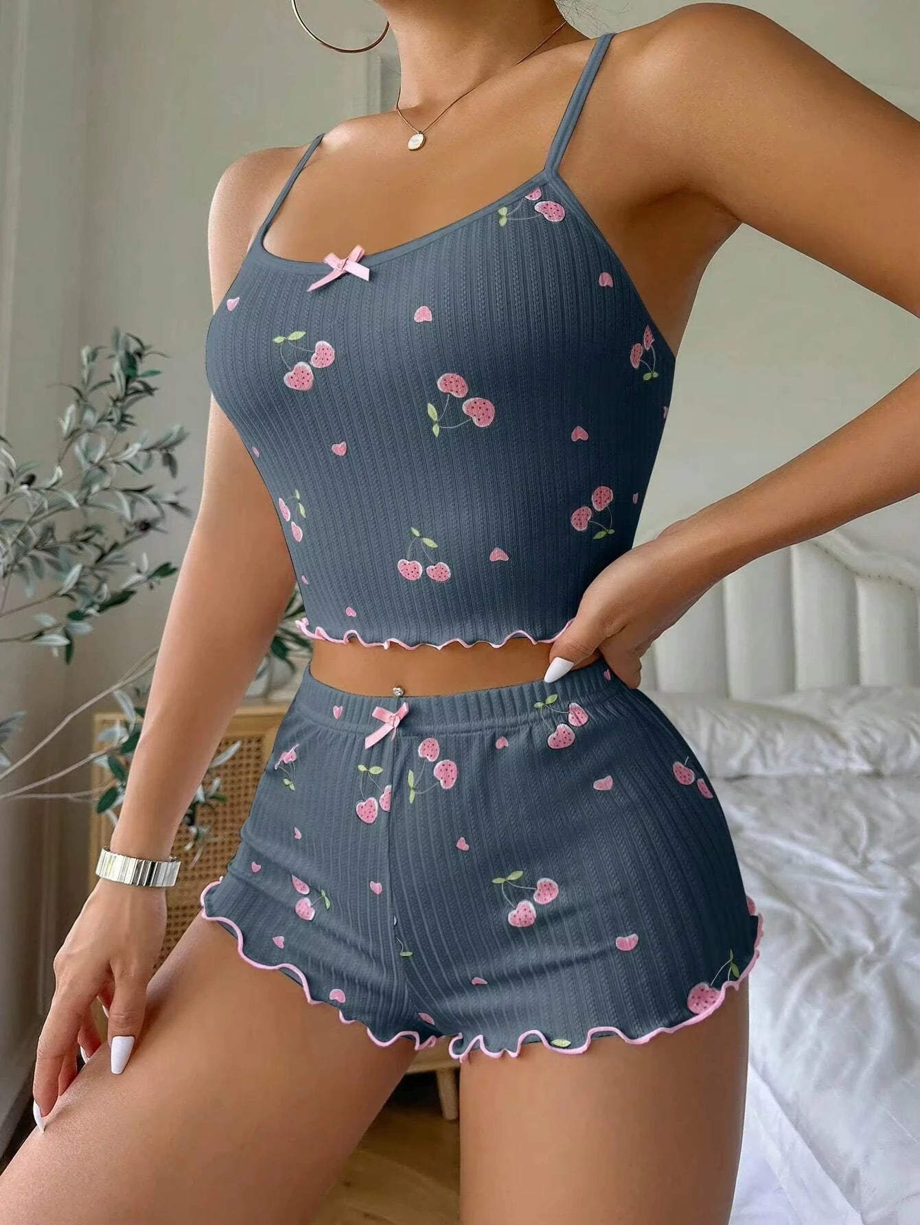 Pyjama Femme Été Cœur - Ensemble Débardeur Short Sexy Dos Nu Nœud
