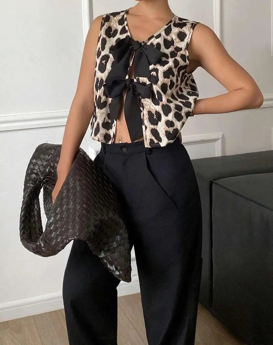 Débardeur Femme Léopard Col V Lacets - Dos Nu Sexy Casual Été