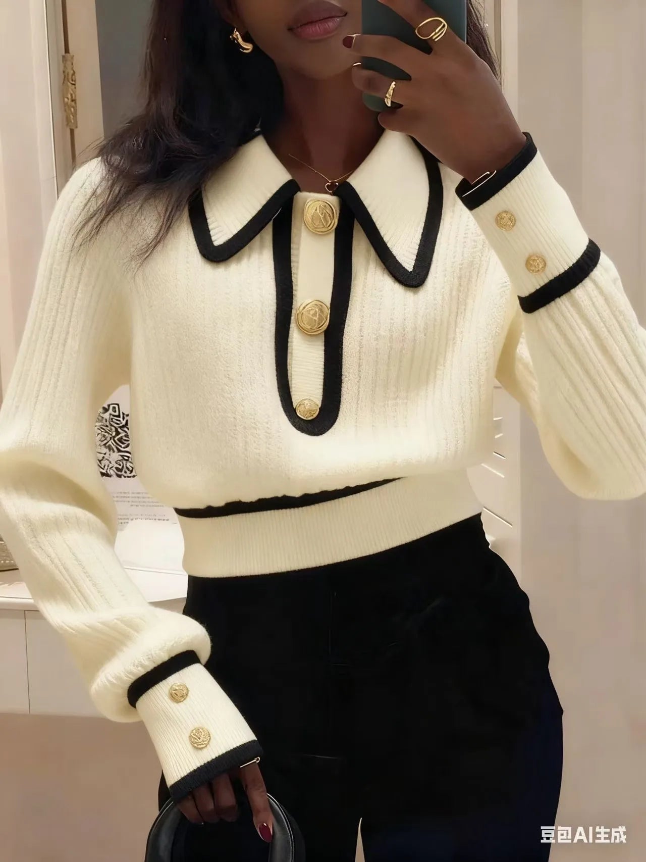 Pull Femme Col Polo Rayé - Sweater Tricoté Manches Longues Élégant Bureau Chaud 2025