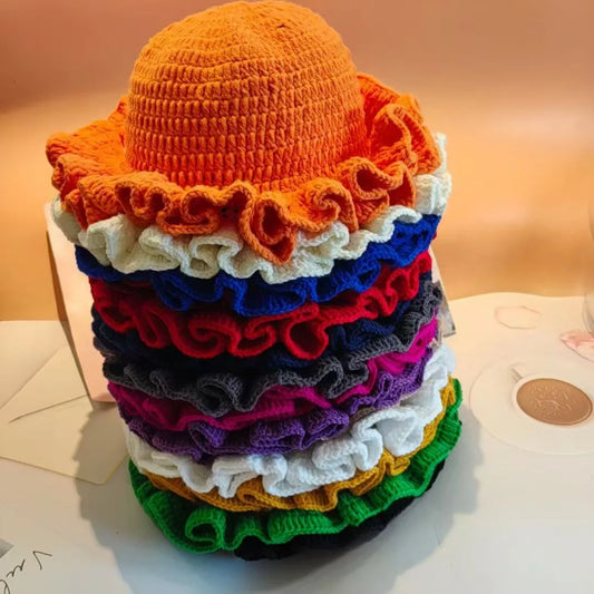 Chapeau Bob Crochet Tricoté Main Femme - Bonnet Pêcheur Bordure à Volants Couleur Unie pour Automne Hiver