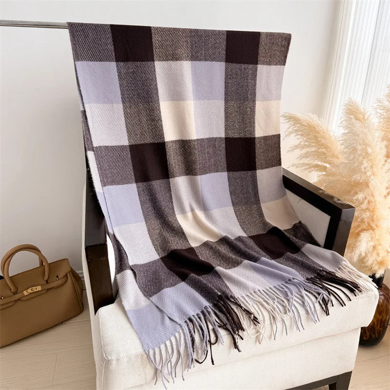Écharpe Plaid Carreaux Luxe Automne/Hiver - Pashmina Châle Franges Femme Chaud