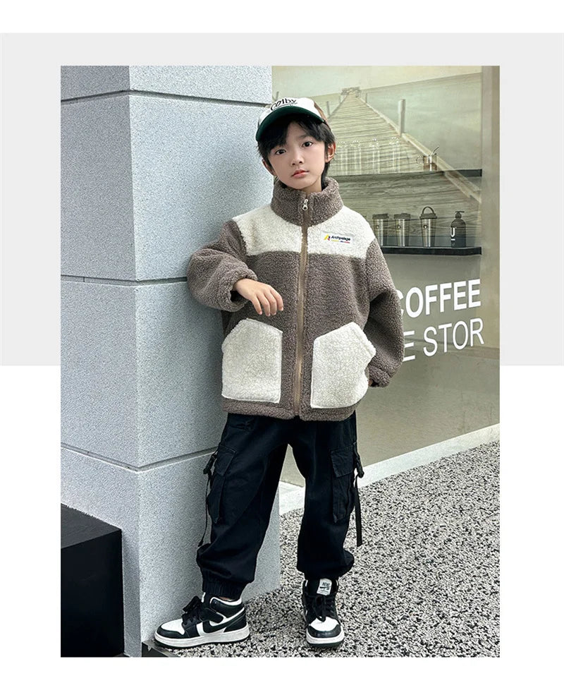 Veste Laine d'Agneau Enfant - Manteau Chaud Velours Automne Hiver - Outdoor Fashion