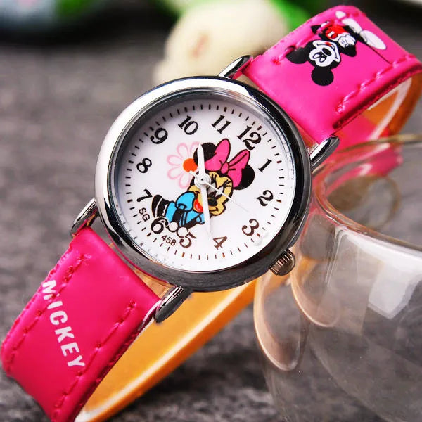 Montre Enfant Mickey Mouse Disney - Montre Quartz Cartoon Garçon Fille Cuir PU Cadeau