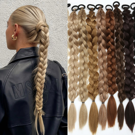 Extension Queue de Cheval Tressée Synthétique 24 Pouces - Tresses Longues Tissées Main avec Élastique Blonde Brune Noire