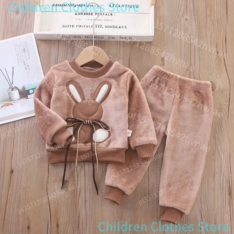Ensemble Pyjama 2 Pièces Enfant - Flanelle Épaisse Motif Lapin Cartoon