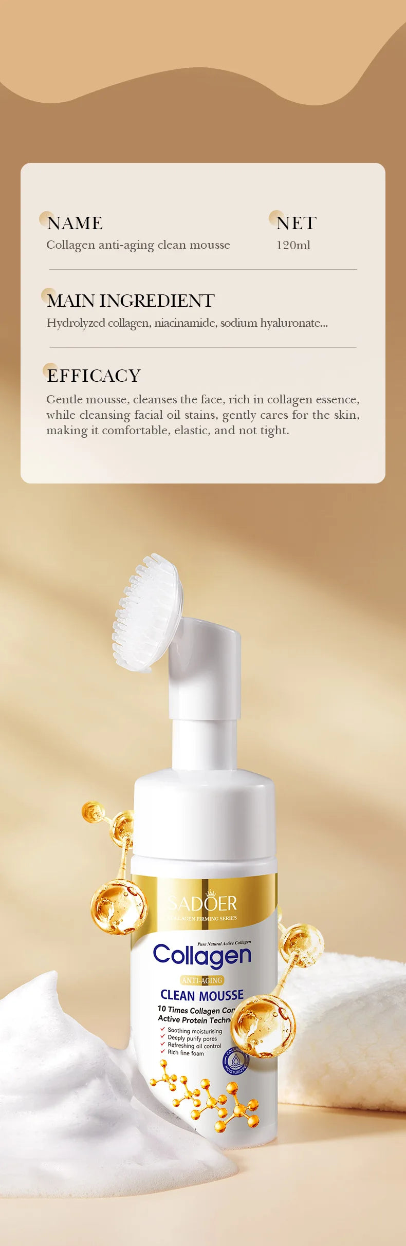 Nettoyant Visage Mousse Collagène SADOER - Soin Anti-Rides Hydratant Nettoyage Profond