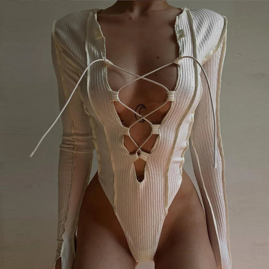 Body Femme Sexy Lacets Croisés - Ajouré Slim Fit Manches Longues Vintage