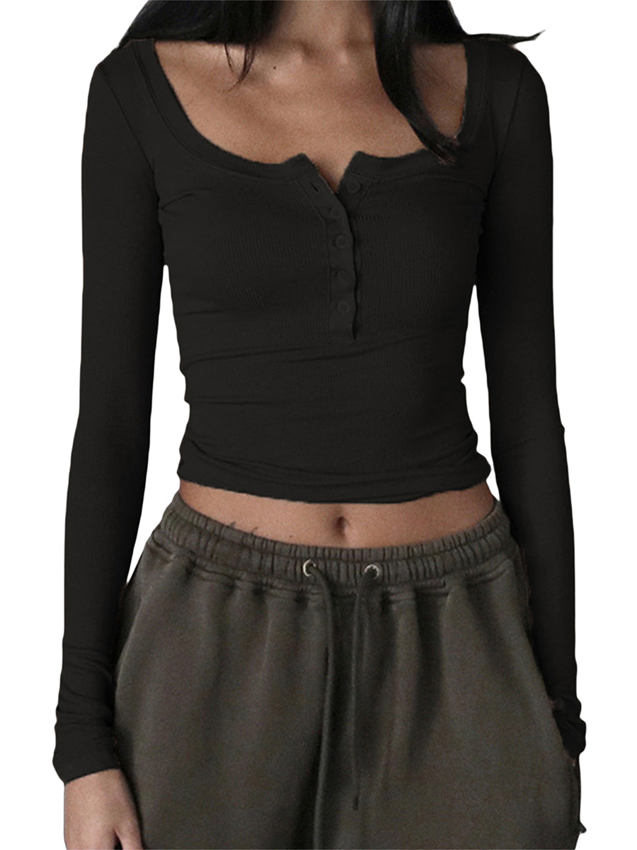 Chemise Femme Tricot Henley Boutons - Crop Top Streetwear