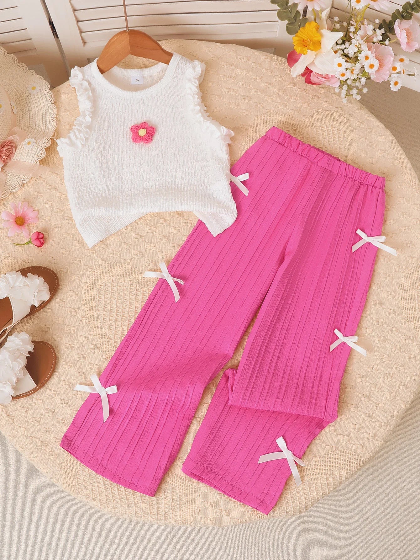 Ensemble 2 pièces fille été - Top broderie fleurs + Pantalon noeud