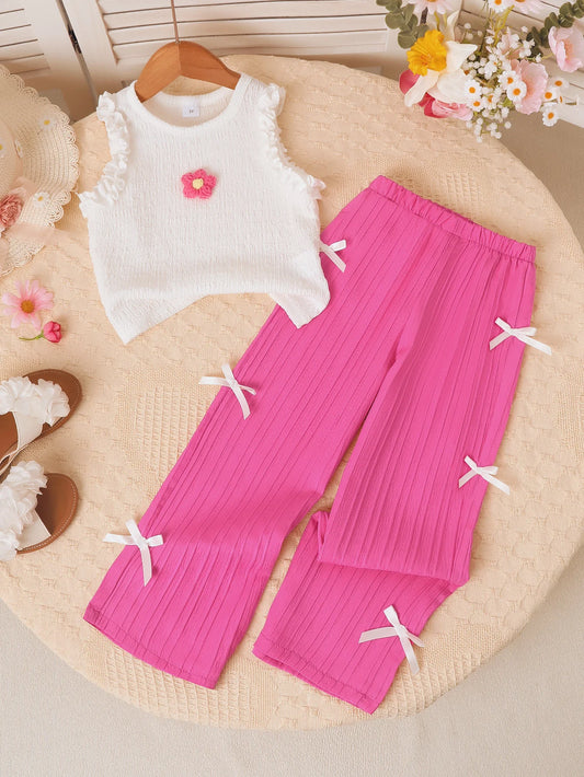 Ensemble 2 pièces fille été - Top broderie fleurs + Pantalon noeud